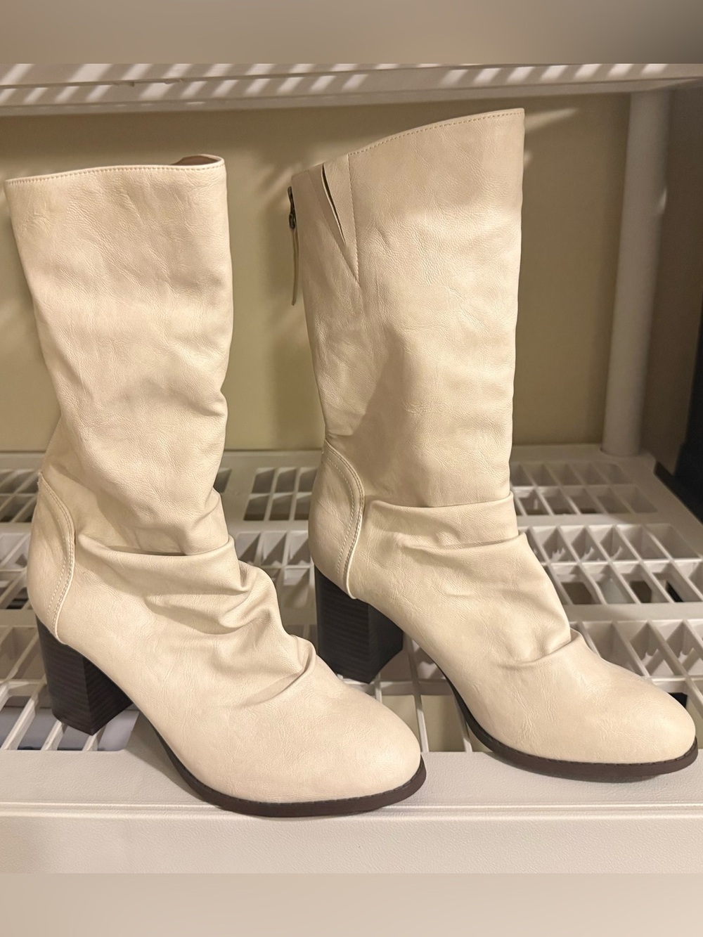 White Mid-Calf Block Heel Boots Size 8.5